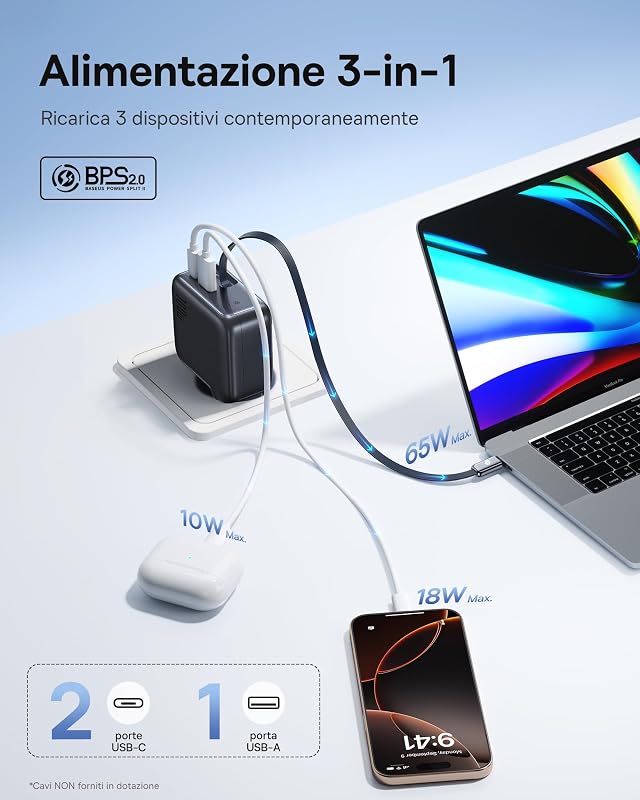 Enercore Caricatore USB C Da 100 W Con Cavo Estraibile, 3 Porte GaN, Caricatore Rapido PD Compatibile Con MacBook Pro Air, Dell, HP, iPad, iPhone 17/16/15/14 Pro Max Plus, Galaxy S25-S20 Ultra