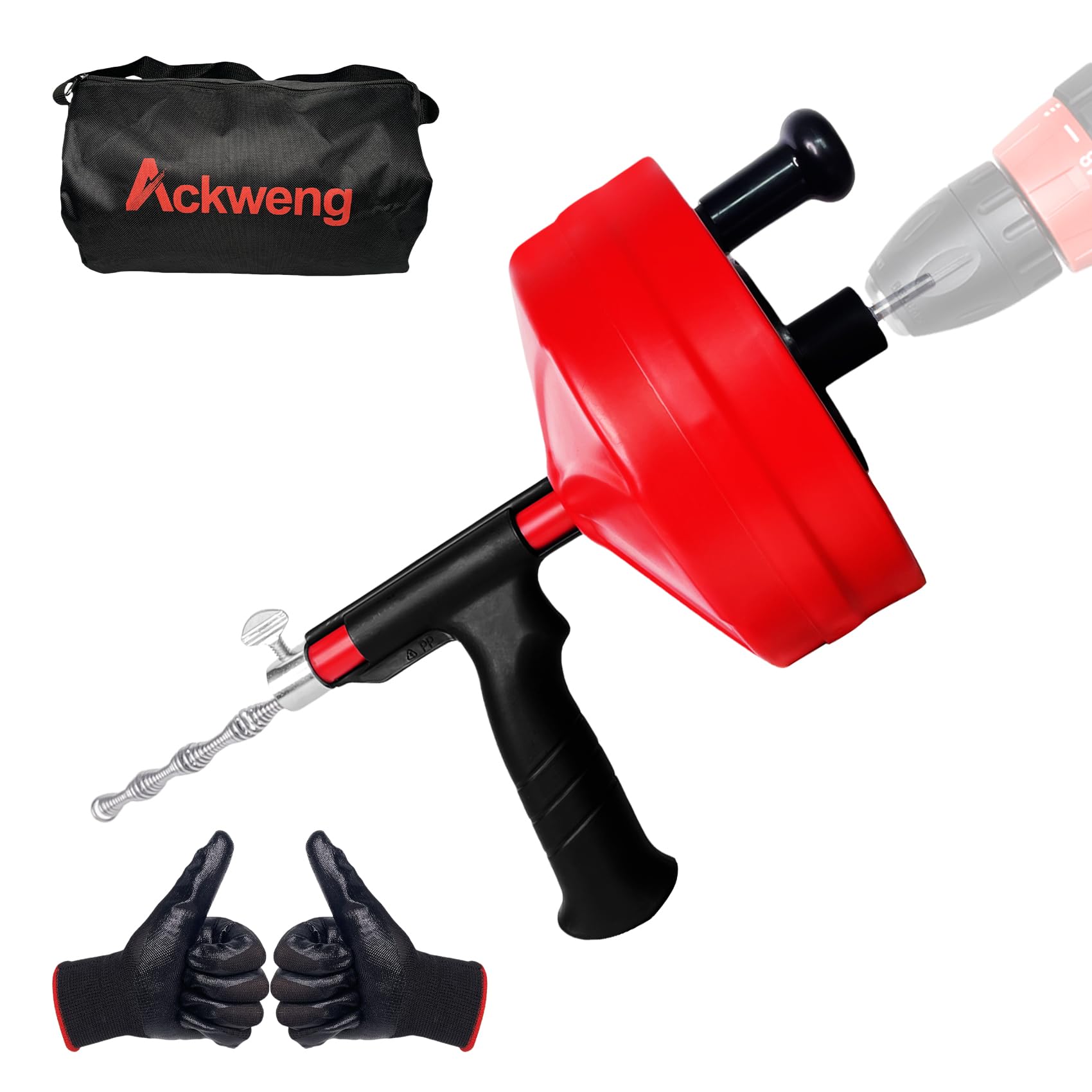 Photo 1 of Drain Snake 50 Ft, Plumbing Snake for Sink with Drill Attachment, Snake Drain Clog Remover for Shower Drain, Kitchen, and Sink, Manual or Powered Use, Comes with Gloves and Storage Bag, 1/4 Inch, Red