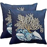 Emvency Set of 2 Throw Pillow Cover Blue Seashore Indigo Ocean Coral Seashells Beach House Gray Coastal Decorative Pillow Case Home Decor Square 18 x 18 Inch Pillowcase
