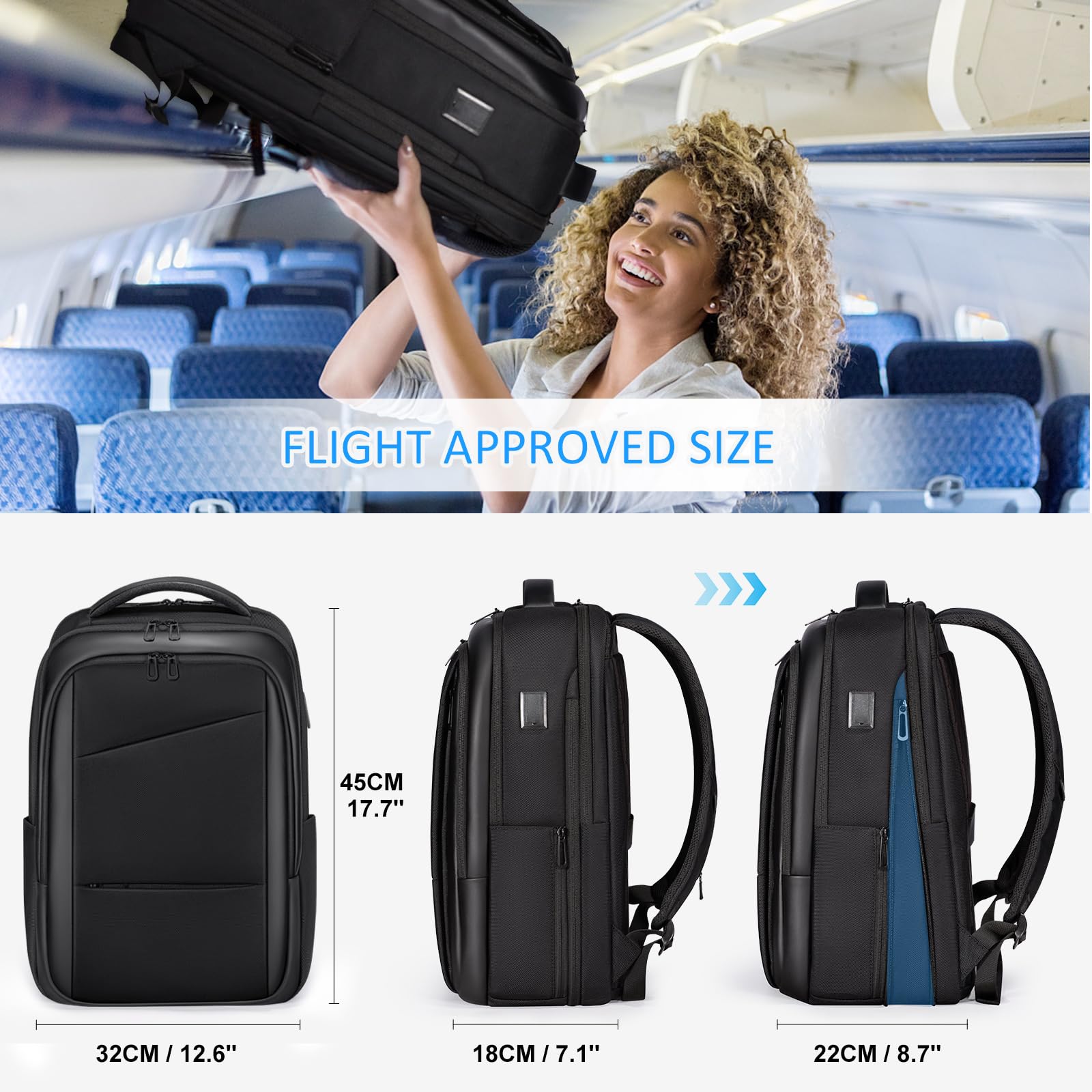FENRUIEN Travel Laptop Backpack 15.6 Inch, Expandable Computer Backpack with USB Charging Port, Black Business Backpack for Men