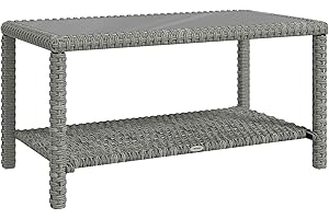 Outsunny 35" Outdoor Wicker Coffee Table with Glass Top, Storage Shelf, Patio PE Rattan Side End Table for Garden Porch Balco