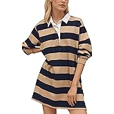 AIHUKOCY Women Striped Lapel V Neck Long Sleeve Mini T Shirt Dress Collar Contrast Short Dress Casual Stripe Fall Polo Dress