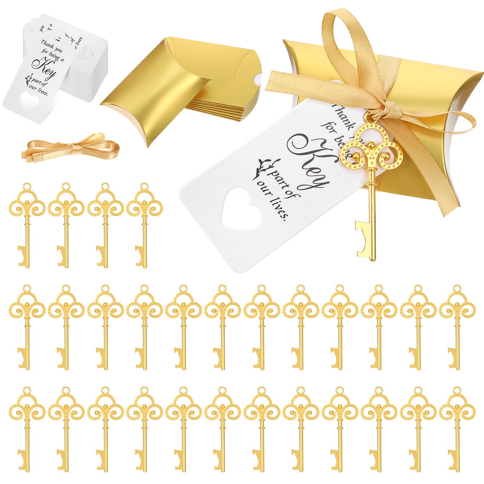 Photo 1 of 100 Sets Vintage Key Bottle Opener Wedding Favors, Wedding Party Souvenir Gift for Guests with Thank You Tag Card Pillow Candy Box and Satin Ribbon (Gold)