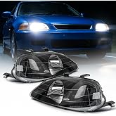 PHILTOP Headlights Assembly Compatible with 1999-2000 Honda Civic | Halogen Headlamps Black Housing Clear Lens Clear Reflector, Driver and Passenger Side