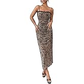 Floerns Women's Leopard Print Slip Dress Lace Trim Sleeveless Party Bodycon Long Dresses