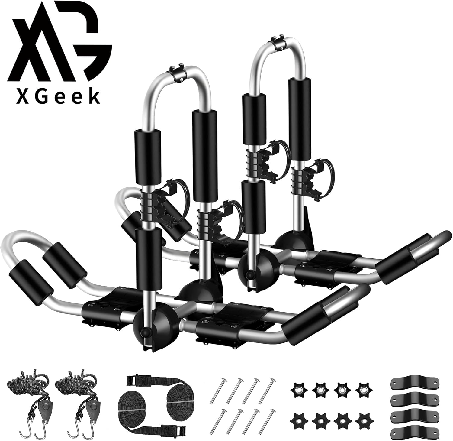XGeek Kayak Roof Rack 4-in-1 for Kayak, Surfboard, Canoe and Ski Board Rooftop Mount Carrier Folding Adjustable Bilateral J-Style Rack on SUV, Car and Truck