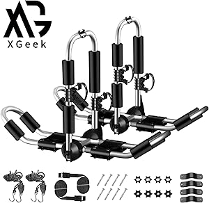 XGeek Kayak Roof Rack 4-in-1 for Kayak, Surfboard, Canoe and Ski Board Rooftop Mount Carrier Folding Adjustable Bilateral J-Style Rack on SUV, Car and Truck