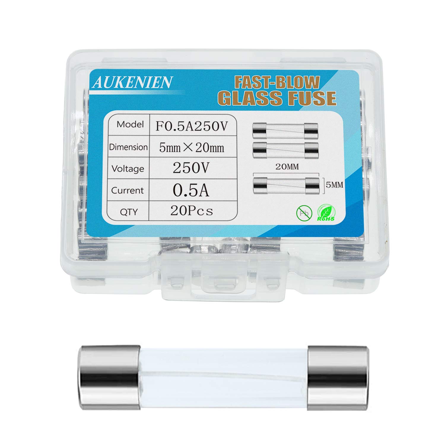 AUKENIEN 0.5A 250V Fast Blow Glass Fuse F0.5AL250V 500mA 0.5Amp 250 Volt Fuses 5x20 mm 0.2x0.78 inch Multiple Values Optional (Pack of 20)