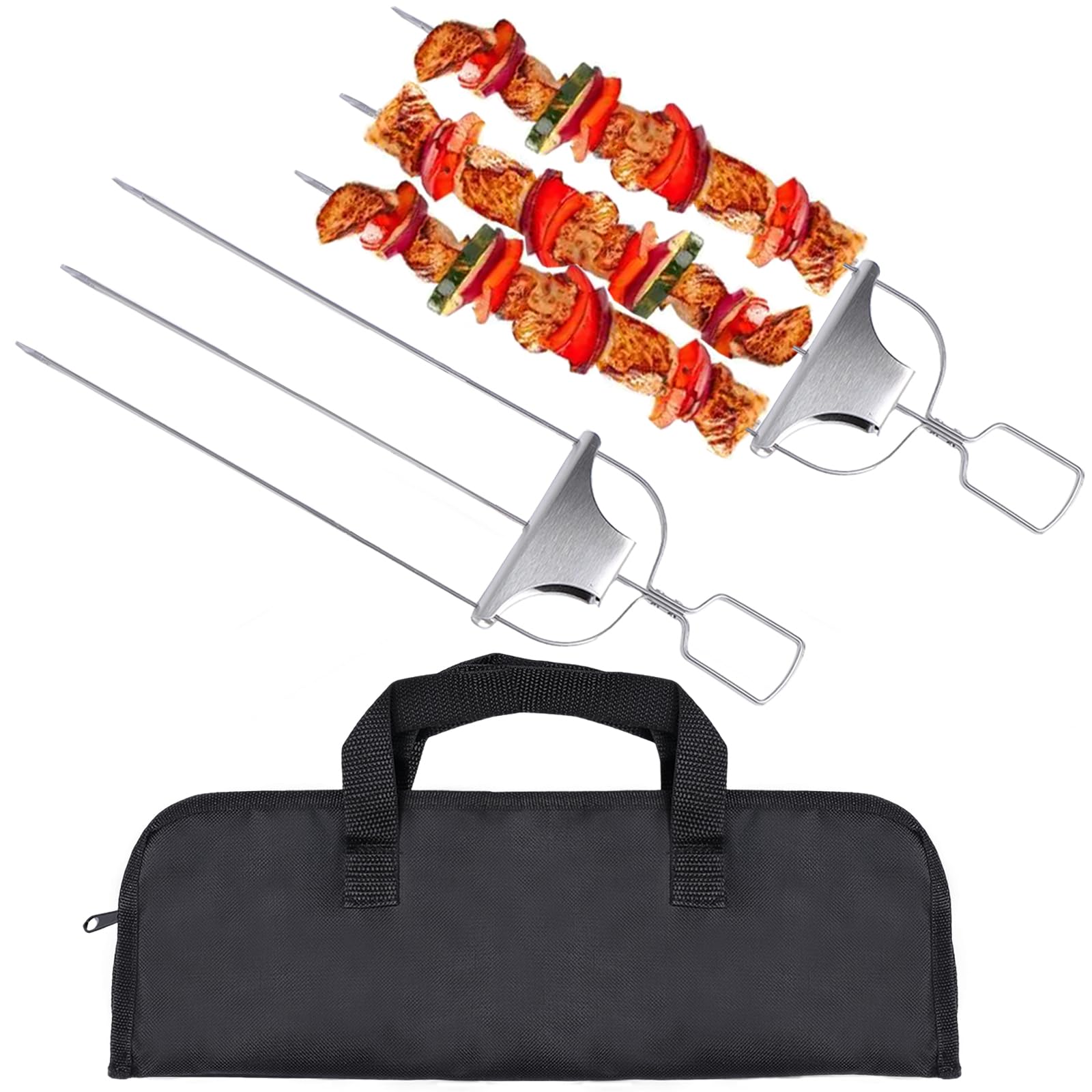 Stainless Steel Barbecue Skewers, 3-in-1 Kebab Skewer Flat Metal Skewers for Kebabs with Slider for BBQ Party Grilling Meat & Vegetable, with Storage Bag