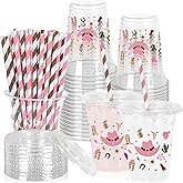 JarThenaAMCS 50Pcs Little Cowgirl Plastic Cups with Lids Straws Cowgirl Hat Boots Cactus Drinking Cup 12oz Pink Brown Western Disposable Cups for Birthday Baby Shower
