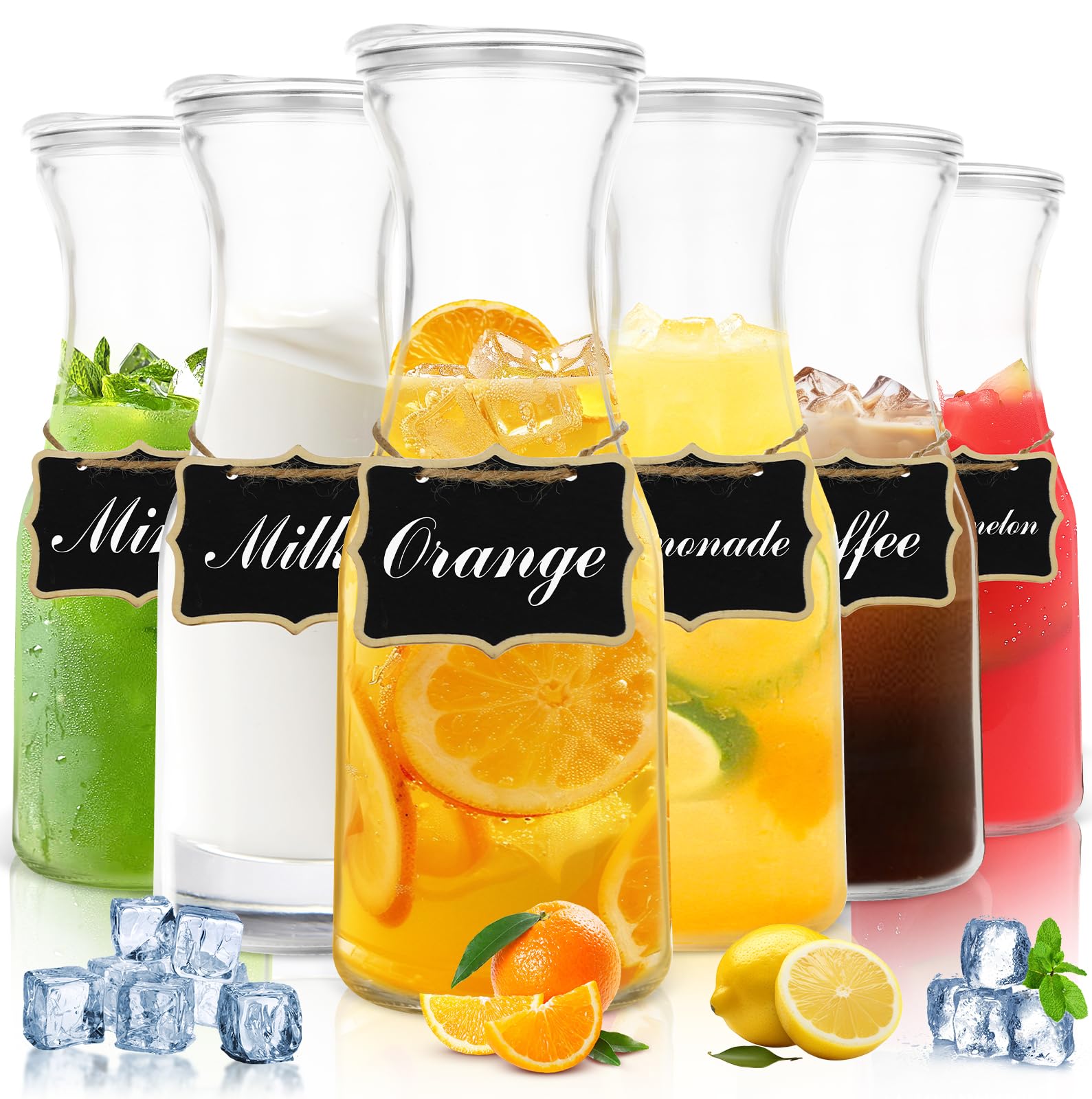 Jarsoph Glass Carafe with Lid 1 Liter Beverage Serveware Carafe Set of 6 Clear Glass Pitcher Dishwasher Safe for Mimosa Bar, Brunch, Cold Water, Juice, Milk, Iced Tea, Lemonade 6pcs
