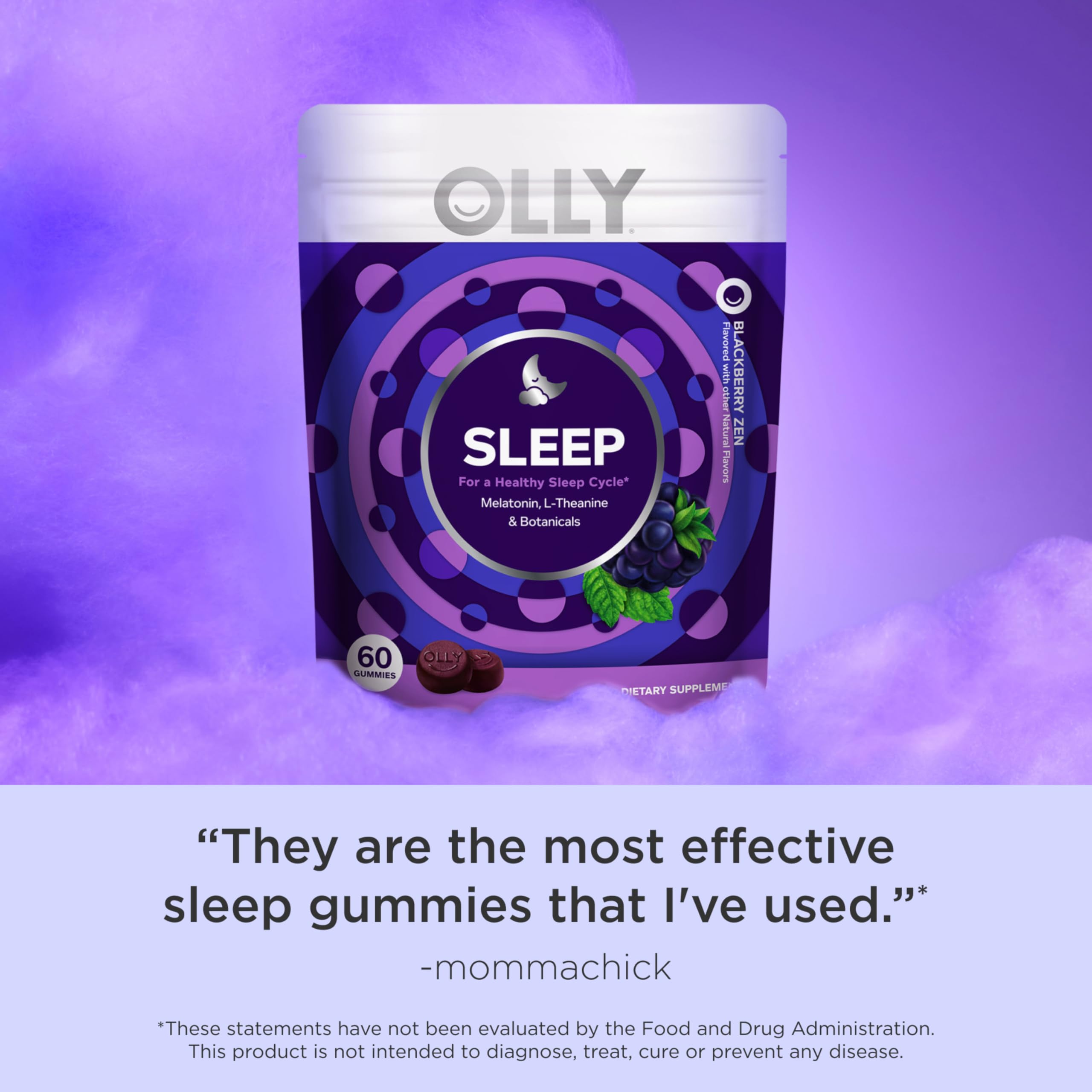 OLLY Sleep Gummy, 3 mg Melatonin, L-Theanine, Chamomile, and Lemon Balm Extracts, Blackberry Flavor, 30 Day Supply - 60 Count