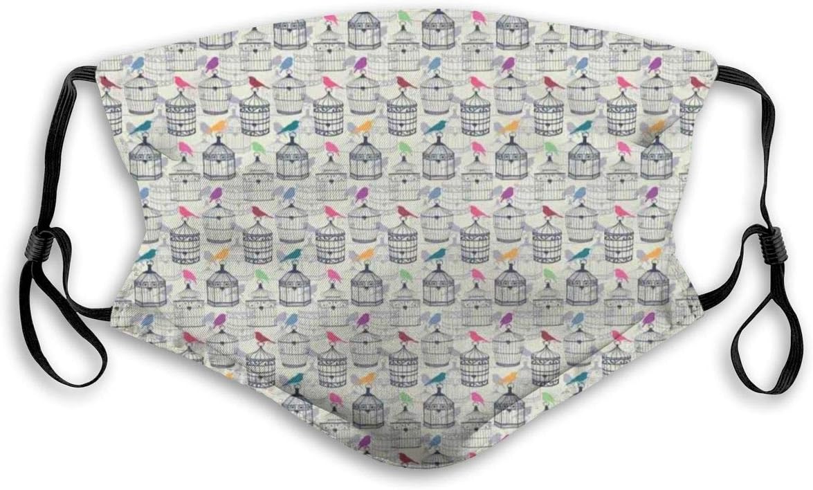 Mouth MASKS Adjustable Earloop Face Mask Pattern Of Colored Silhouettes Of Birds On Antique Birdcages Freedom Theme Print