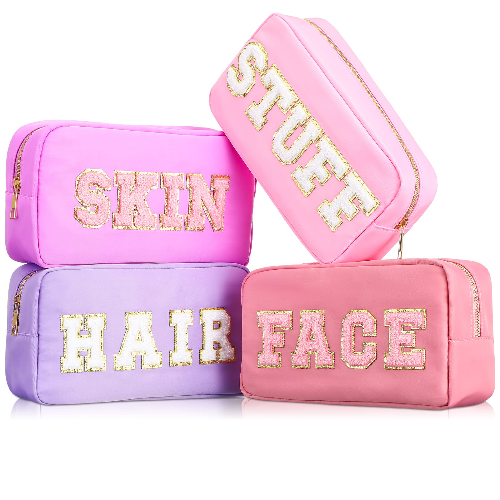 4 Pcs Preppy Makeup Bag - Chenille Letter Nylon Cosmetic Organizer with Zipper - Toiletry Case for Women Teen Girls, Mixed Colors