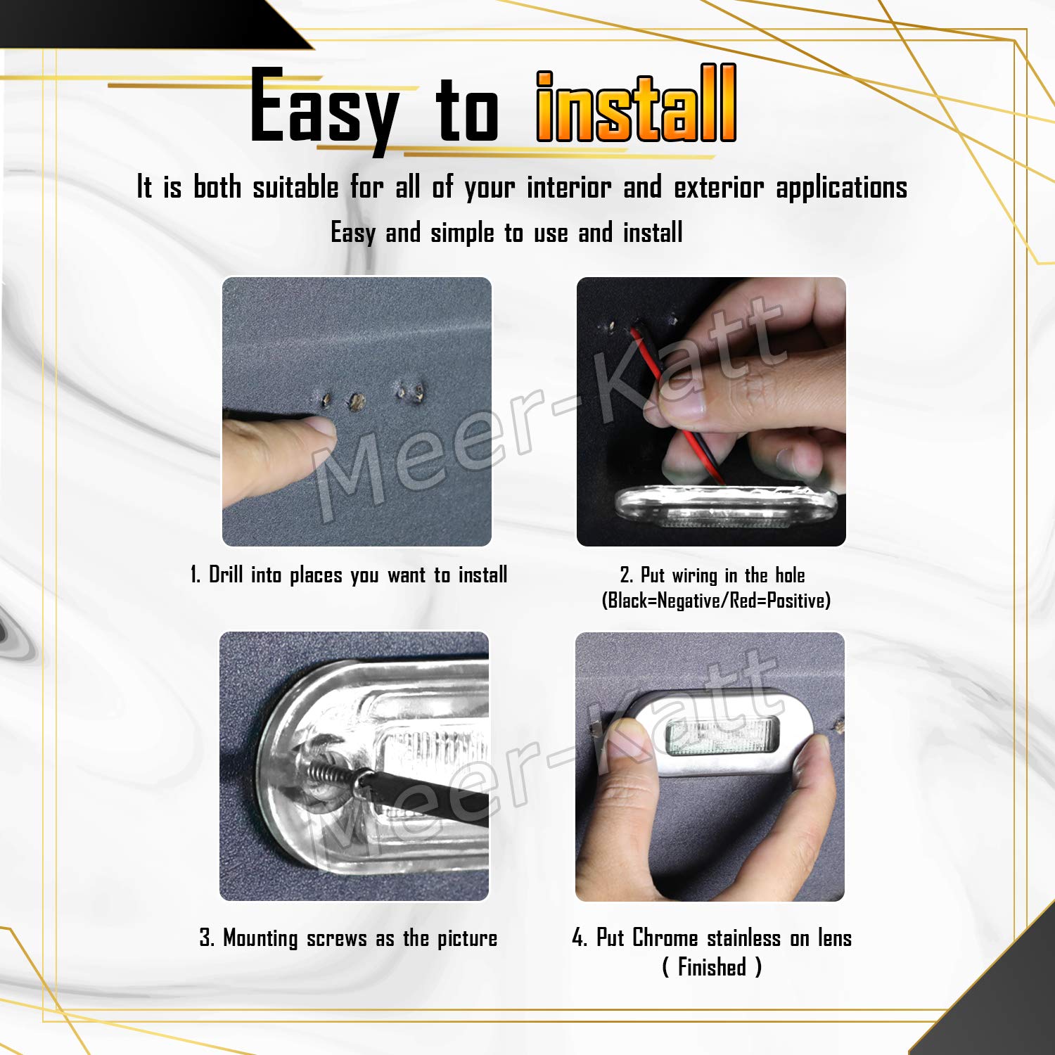 Meerkatt (Pack of 10) 3 Inch Oblong Amber LED Marine Courtesy Light Sealed Flush Mount Clearance Lamp for Yacht Stair Deck Garden Boat RV Cabin Truck Waterproof 12V DC with Chrome Stainless Bezel UV12