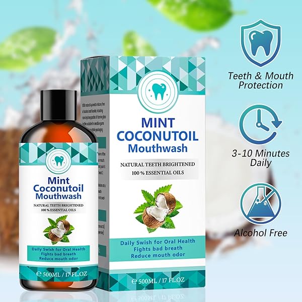 500ML COCONUTOIL MOUTHWASH, NATURAL TEETH WHITENER WITH TONGUE SCRAPER – MINT FLAVOR FOR FRESH BREATH, ORAL CARE AND GUM HEALTH