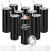 YOUKE OLA 10 Pack Stainless Steel Skinny Tumblers 30oz Bulk Straight Double Wall Insulated Tumbler with Lid and Straw for Travel, DIY Gift, Black