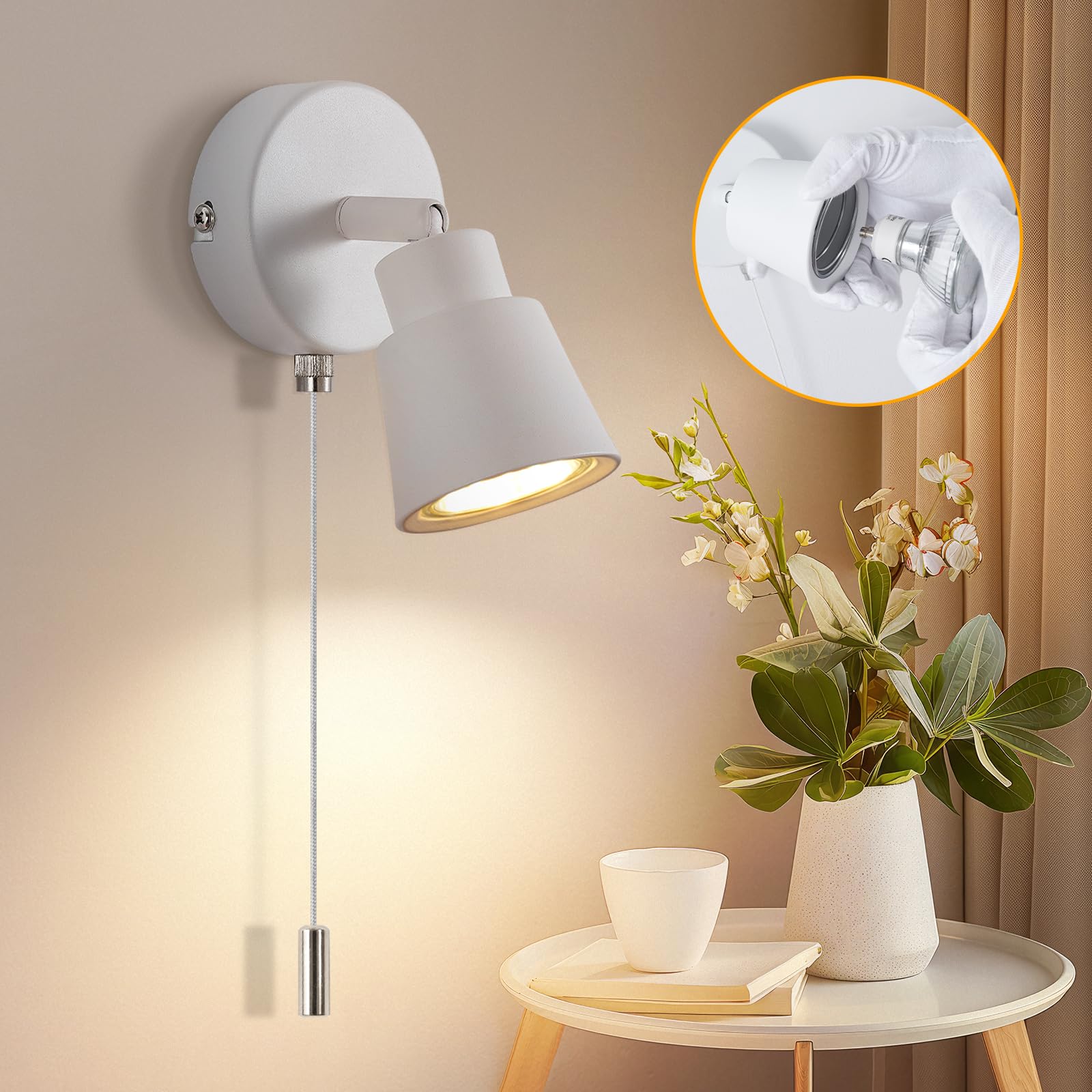 TaFiCo White Wall Lights with Pull Cord Switch GU10 - Modern Pull Cord Light Switch 350° Rotatable - 50W Indoor Wall Sconce Lights for Bedroom Bedside Living Room Kitchen Desk - Bulb Not Included