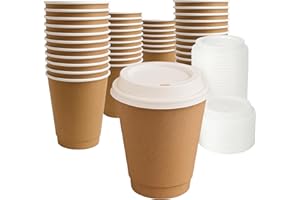 12oz Disposable Double-Wall Coffee Cups with Lids – Set of 100 Brown Paper Cups for Thermal Protection – 100 Units, 12 oz Eac