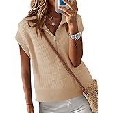 Langwyqu Womens Short Sleeve Cropped Knit Tops Half Zip Cap Sleeve Lightweight Oversized Sweater Vest