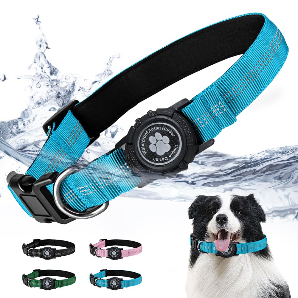 Photo 1 of JOYPAWS Waterproof Apple AirTag Dog Collar Small Breed Dogs Reflective Air Tag Holder Locking Buckle Havey-Duty Nylon Durable Padded Dog Collars Blue S
