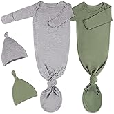 2Pk Newborn Baby Knotted Gown, Super Soft Silky Infant Long Sleeve Sleeper for Baby Sleeping with Hat Green Gray(2 Packs)