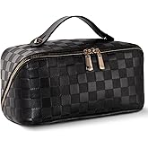 Abiudeng Travel Makeup Bag,Large Capacity Toiletry Bag Cosmetic Bags for Travel Essentials,Waterproof Portable Pouch Open Flat Makeup bag Organizer with Divider and Handle(Checkered-Black)