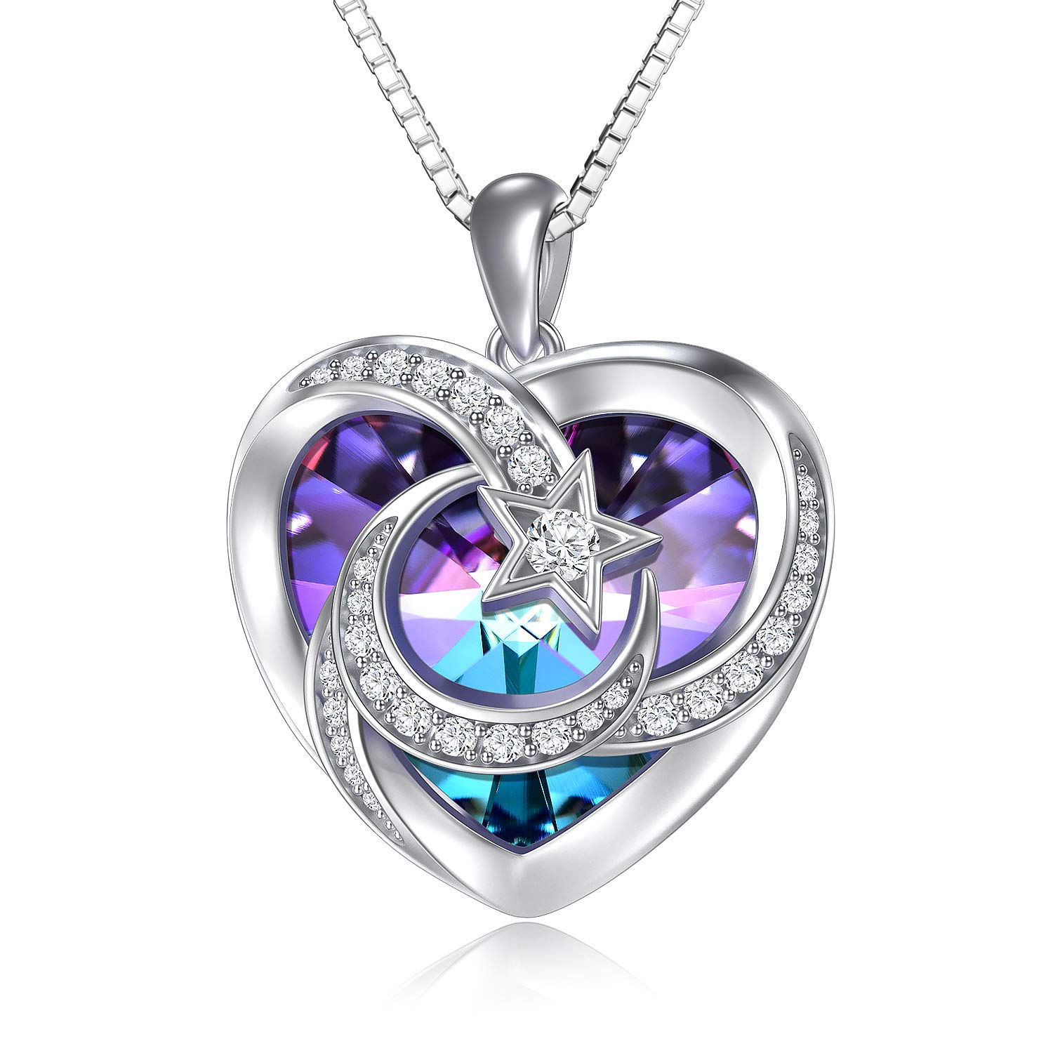 TOUPOP Amethyst February Birthstone Sterling Silver Moon and Star Pendant Necklace Purple Heart Crystal Jewelry Birthday Mothers Day Gifts Her Girlfriend Wife Mom Daughter — image 1