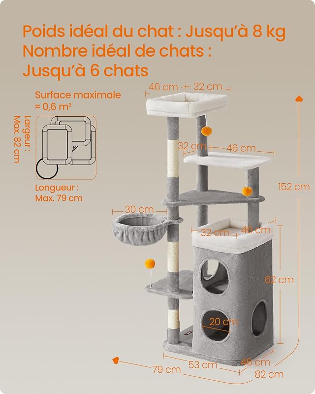 Arbre à Chat 150 cm de Haut, Tour de Jeux à Plusieurs Niveaux