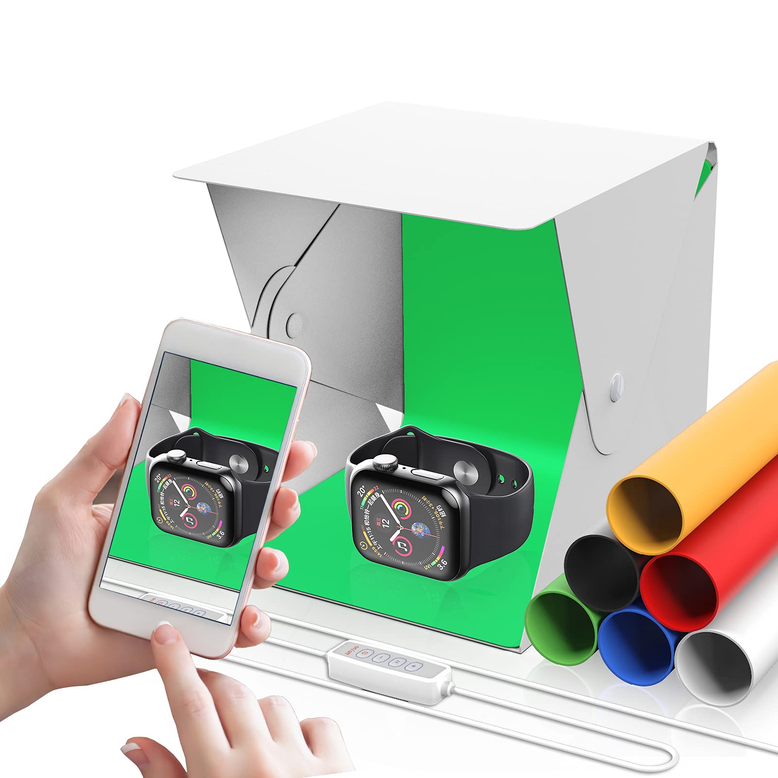 FOSITAN Portable Light Tent 48 LED Lamp Beads 6 Inches/22.6x23x24cm Photography Light Box Mini, Dimmable 3-Color Temperature Foldable Photo Studio Tent, with 6-Color Background