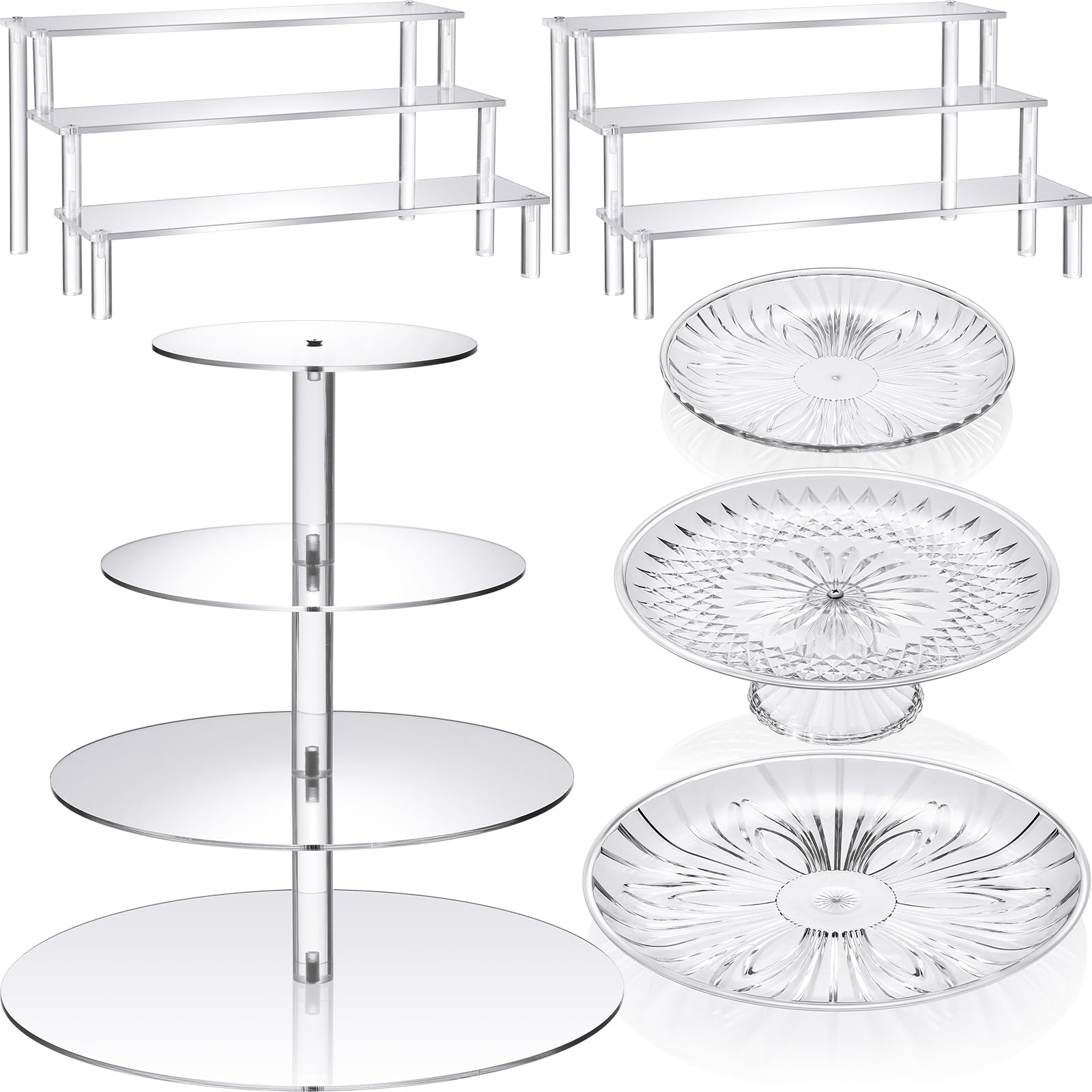 Photo 1 of RimCereal 6 Pcs Acrylic Cake Stands Set Include 2 Display Risers 1 Pcs 4 Tier Cupcake Tower and 3 Clear Round Dessert Trays Cake Table Holder for Wedding Baby Shower Decoration(Novel Style)
