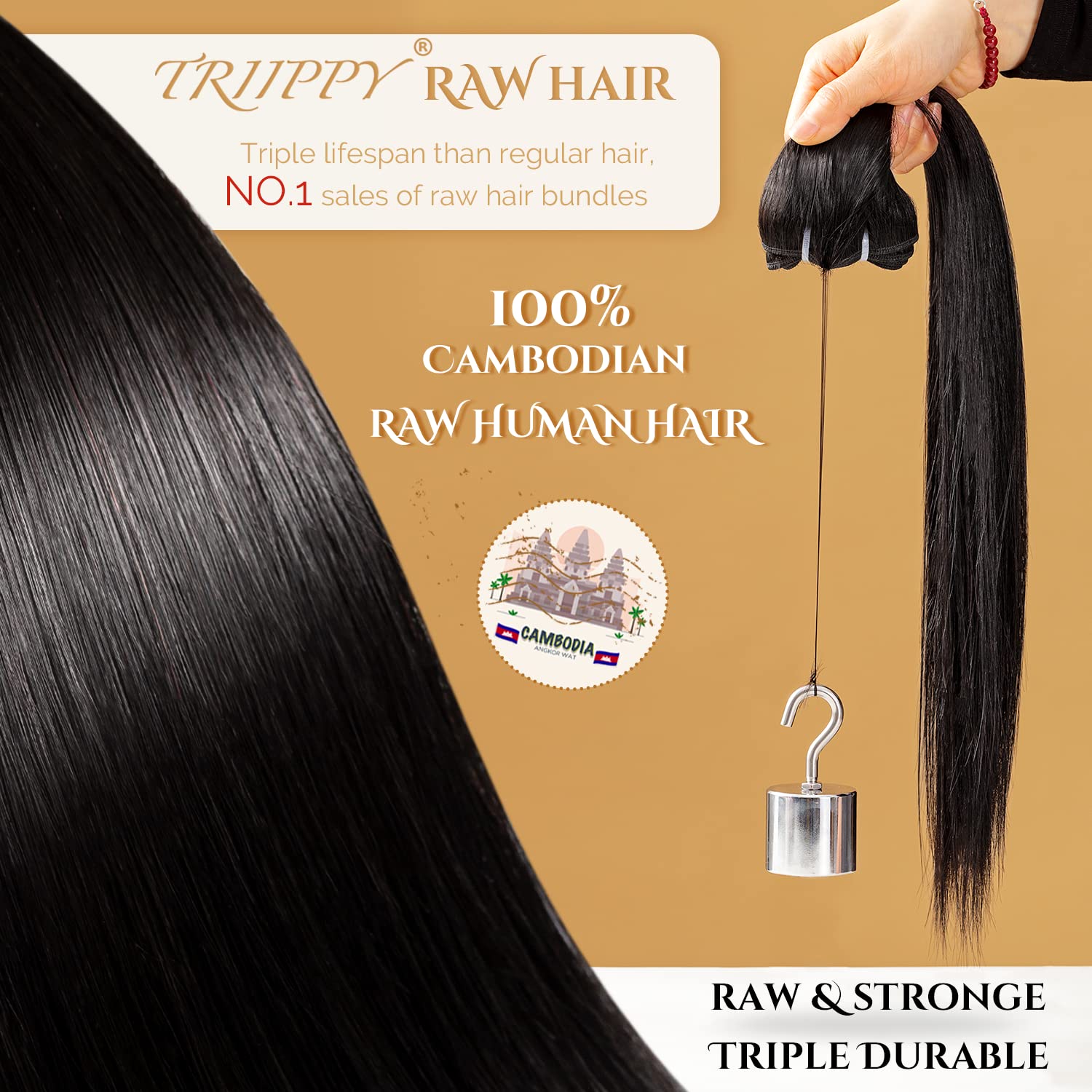 TRIIPPY Straight Bundles Human Hair,100% Raw Cambodian Hair Sew Weave 3 Bundles,Triple The Lifespan Over Regular Virgin Hair Bundle,No.1 Raw Hair Brand On Amazon(16 18 20 Inches,Natural Color)