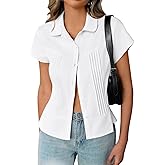 Cicy Bell Womens Short Sleeve Button Down Shirts Pleated Slim Fit Summer Dressy Casual Blouses White
