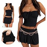Hafailia Summer Two Piece Outfits for Women Y2K Going Out Tie Ruched Tube Crop Tops Low Rise Pleated Mini Skort Skirt Sets