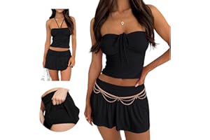 Hafailia Summer Two Piece Outfits for Women Y2K Going Out Tie Ruched Tube Crop Tops Low Rise Pleated Mini Skort Skirt Sets
