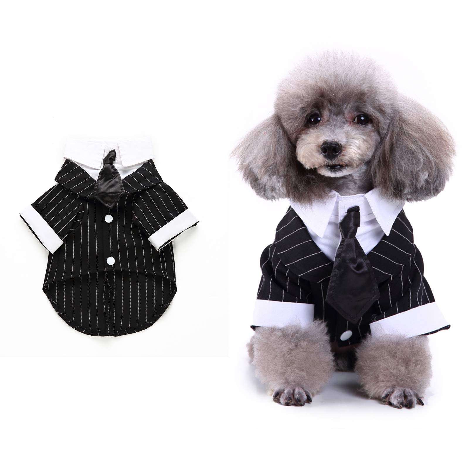 SOGAYU Dog Tuxedo Costume Formal Shirt, Dog Wedding Black Stripes Jacket Suit, Puppy Prince Ceremony Suit Tie Small Dog Cat Clothes