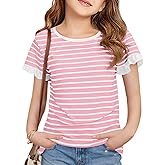 Haloumoning Girls Striped Ruffle Short Sleeve T Shirts Kids Summer Crewneck Tops Casual Tees 5-14 Years