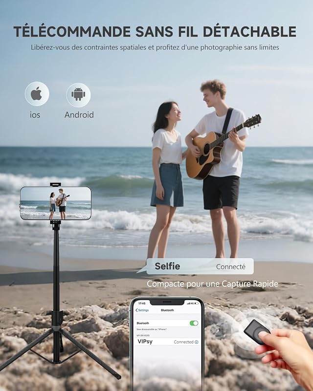 180cm Trepied Smartphone & Perche a Selfie, Trepied Telephone Portable Rétractable en Aluminium avec Télécommande sans Fil pour iPhone/Samsung/Android/Caméra