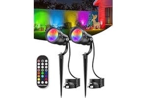 HIBOITEC 12W Christmas Spotlight Outdoor with Remote Plug Timer Color Changing 120V Landscape Lighting Waterproof Dimmable LED Spot Light for Yard Christmas Outside House Garden Tree Decoration 2Pack