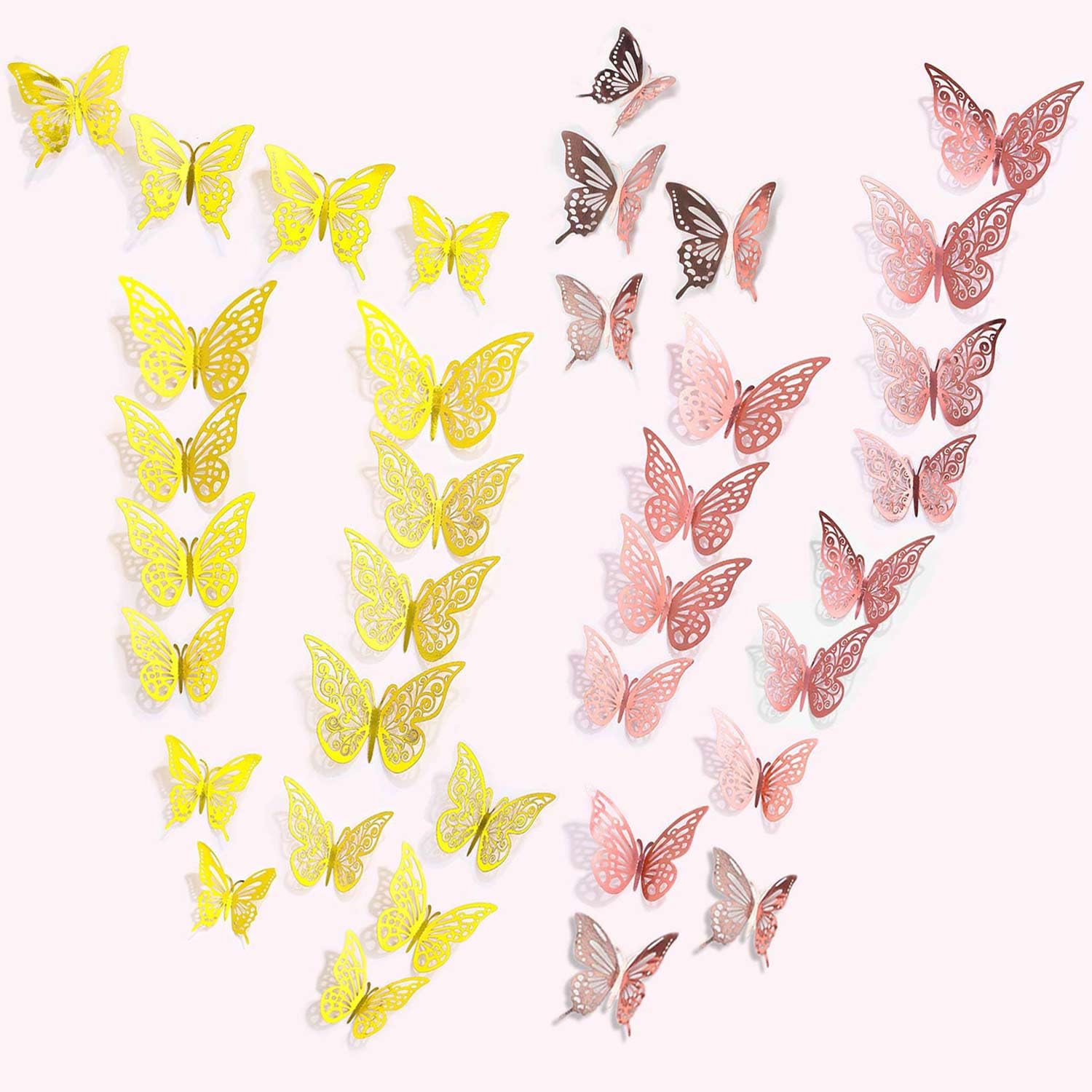YUBBYSTU 72Pcs 3D Butterfly Wall Sticker 3 Sizes,Butterfly Wall Decals Butterflies Stickers for Walls Bedroom Party Wedding Decors for Crafts Home Room Bedroom DIY Decor Wallpaper(Gold & Rose Gold)