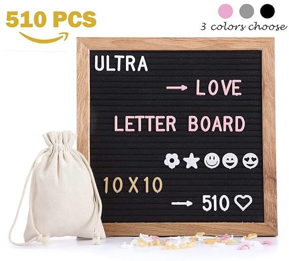 Brief Board Board Filz mit 510 Stück austauschbare Buchstaben & schöne Emojis 10 x 10 Zoll Eiche Massivholz dekorative Displa