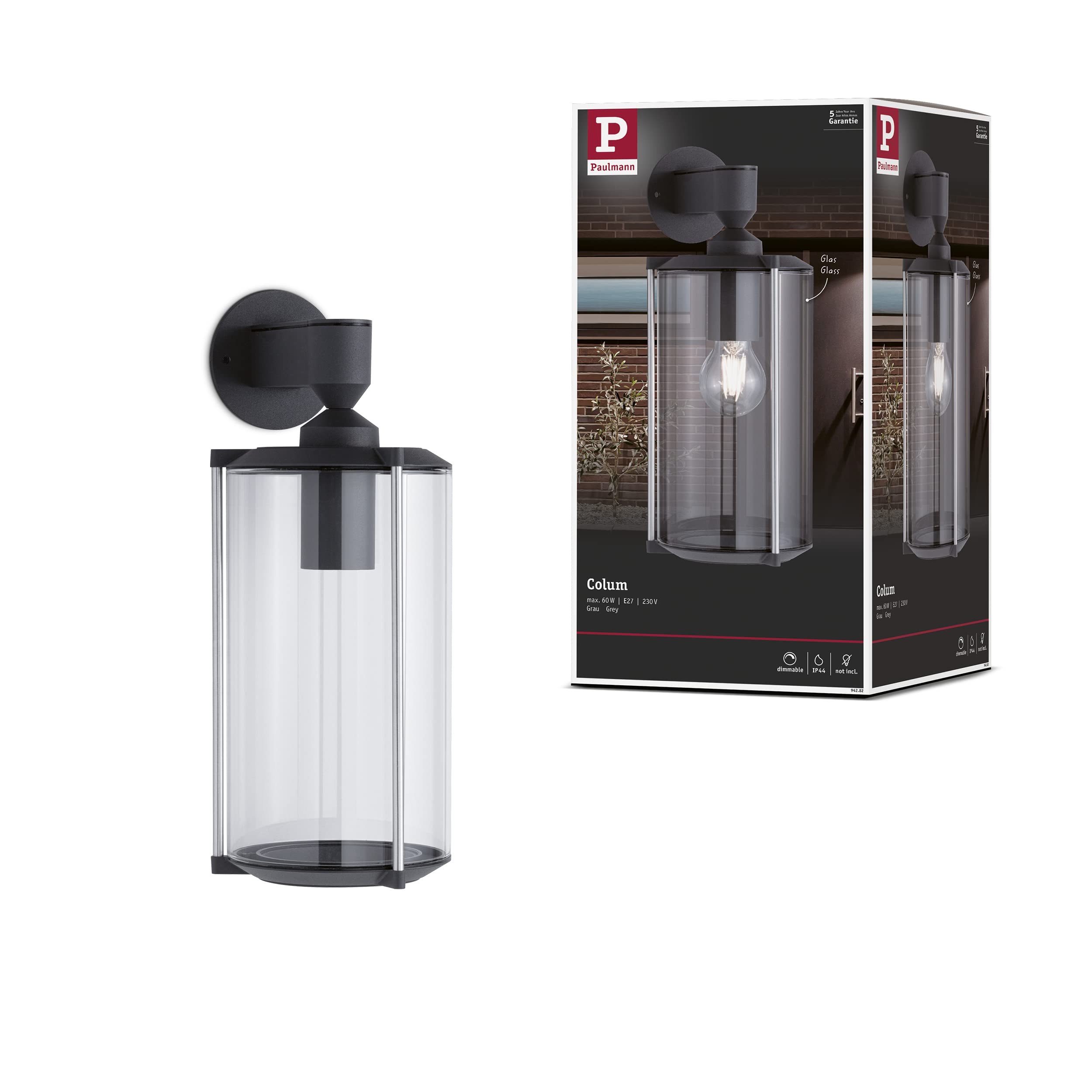 Paulmann 94282 Outdoor Wall luminaire classik Round max. 60 watts Outdoor Lighting Grey Garden Lighting Glass Exterior Wall E27