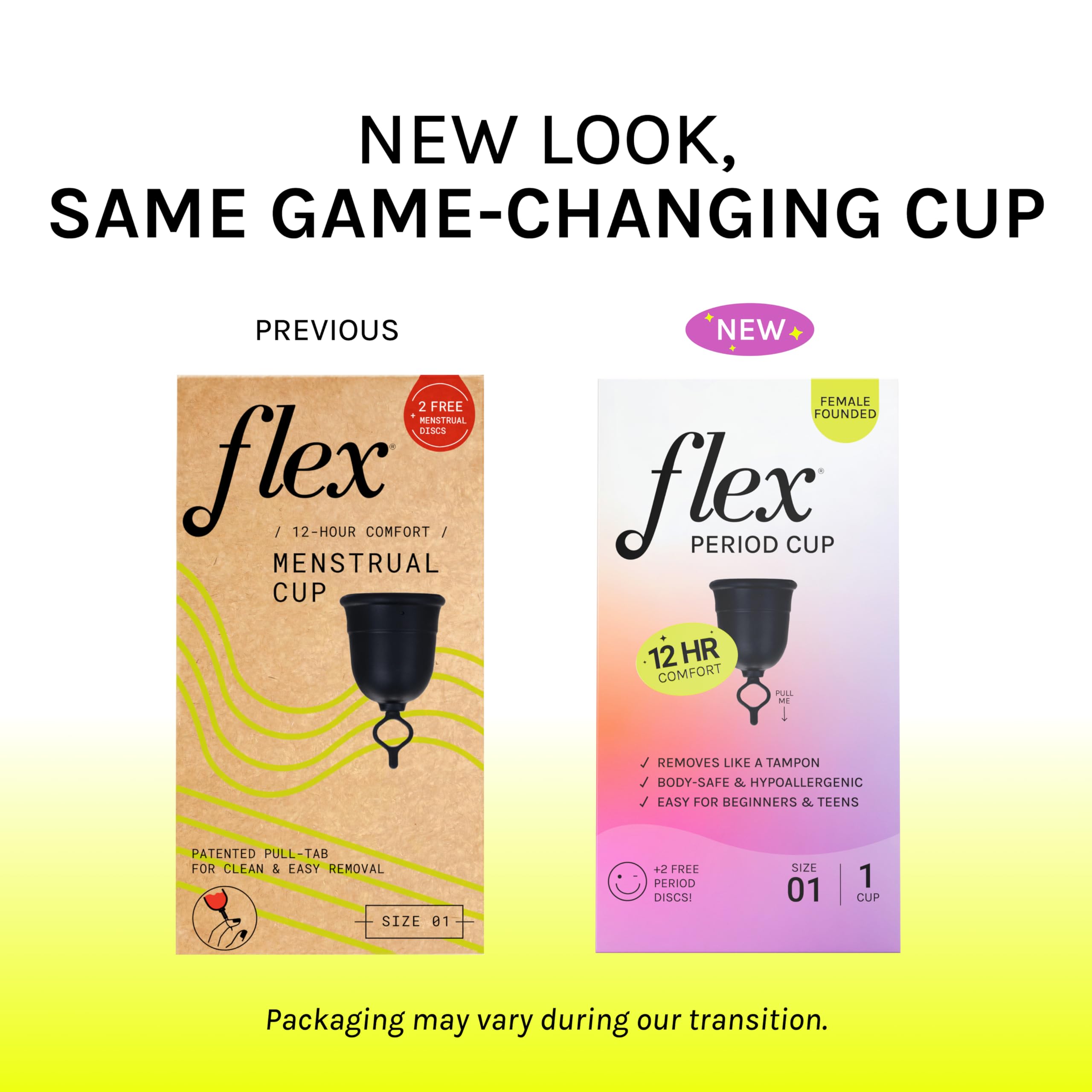 Flex Cup Starter Kit (Slim Fit - Size 01) | Reusable Menstrual Cup + 2 Free Menstrual Discs | Pull-Tab for Easy Removal | HSA or FSA Eligible | Capacity of 2 Super Tampons - Packaging May Vary