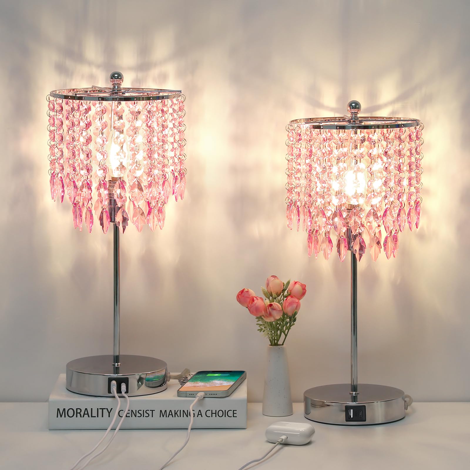 Photo 1 of Pink Crystal Lamps, Touch Control Crystal Table Lamp with Dual USB Charging Ports, 3 Way Dimmable Bedside Lamp Decorative Nightstand Lamp for Girls Bedroom, Living Room, B11 LED Bulb Included