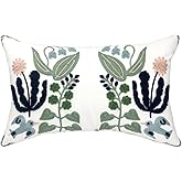 Alysheer Floral Embroidered Summer Lumbar Decorative Throw Pillow Cover 12"x 20", Farmhouse Cottage Navy Blue Green Flowers Leaves Patterned Cotton Canvas Cushion Case for Sofa Couch Bed Living Room