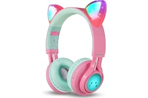 Riwbox CT-7 Cat Ear Bluetooth Headphones, LED Light Up Bluetooth Wireless Over Ear Headphones with Microphone and Volume Control for Travel/School/Smartphones/Laptop/PC/TV (Pink&Green)