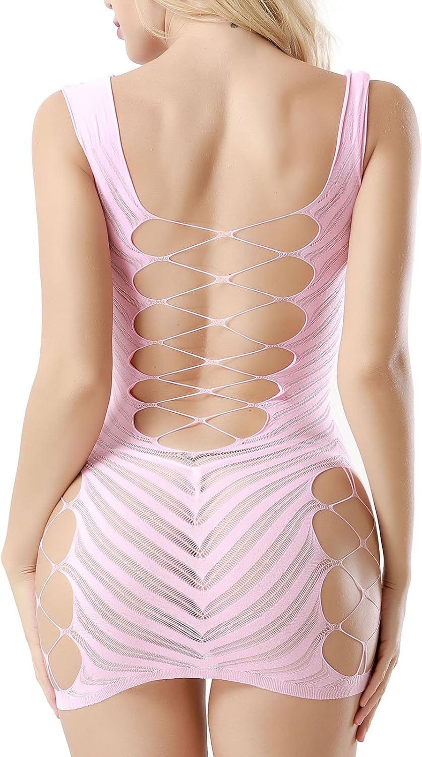 FasiCat Sexy Lingerie for Women Fishnet Halter Chemise Deep V Hot Mesh Mini Dress Bodysuit Pink: Clothing
