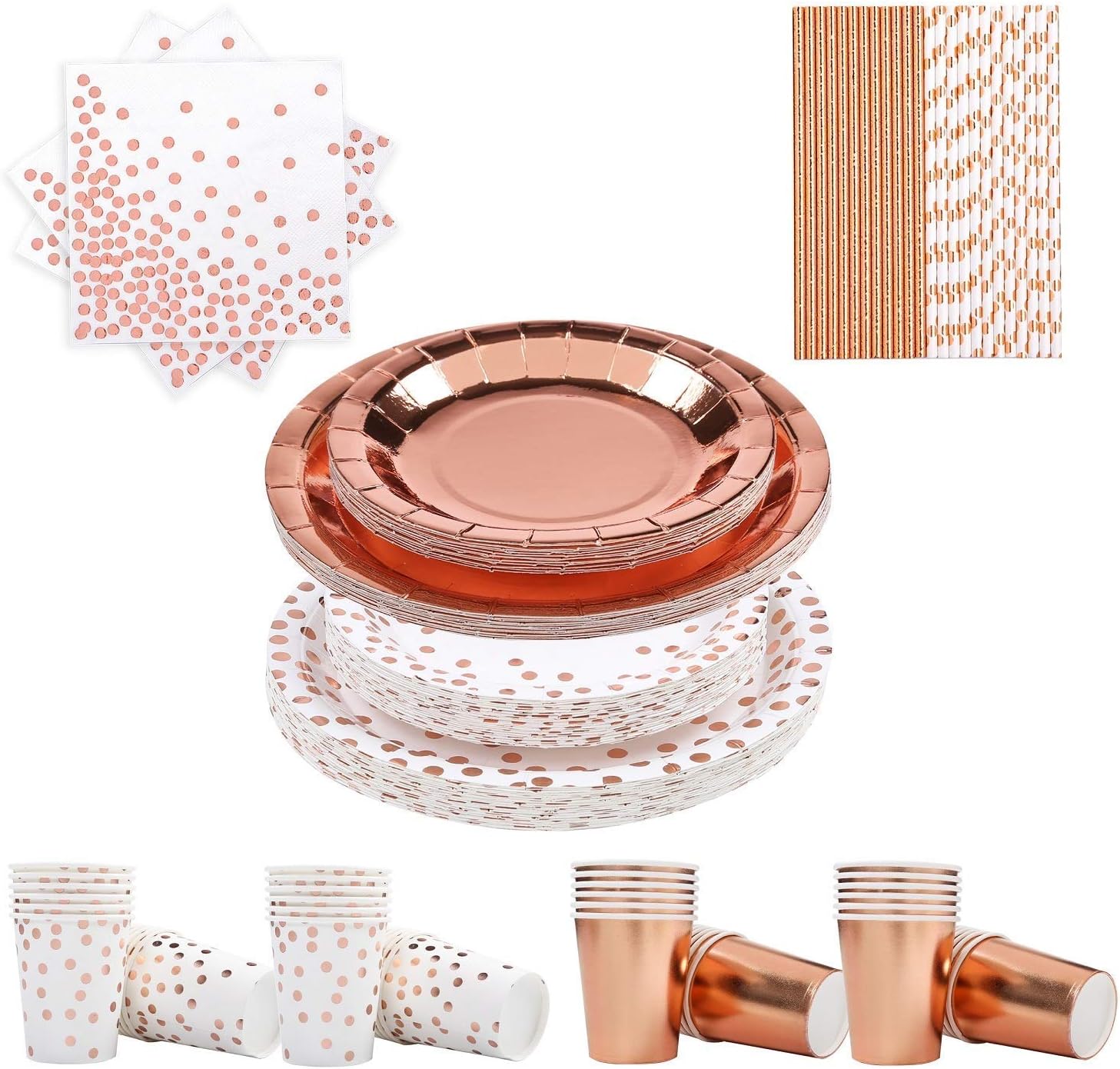 Peirich 146 Pieces Rose Gold Party Tableware Kit, Includes 50 Napkins, 24 Paper Straws 48 Pieces Disposable Paper Plates 24 Pieces Rose Gold Cups for Bridal Shower Wedding Party Decorations