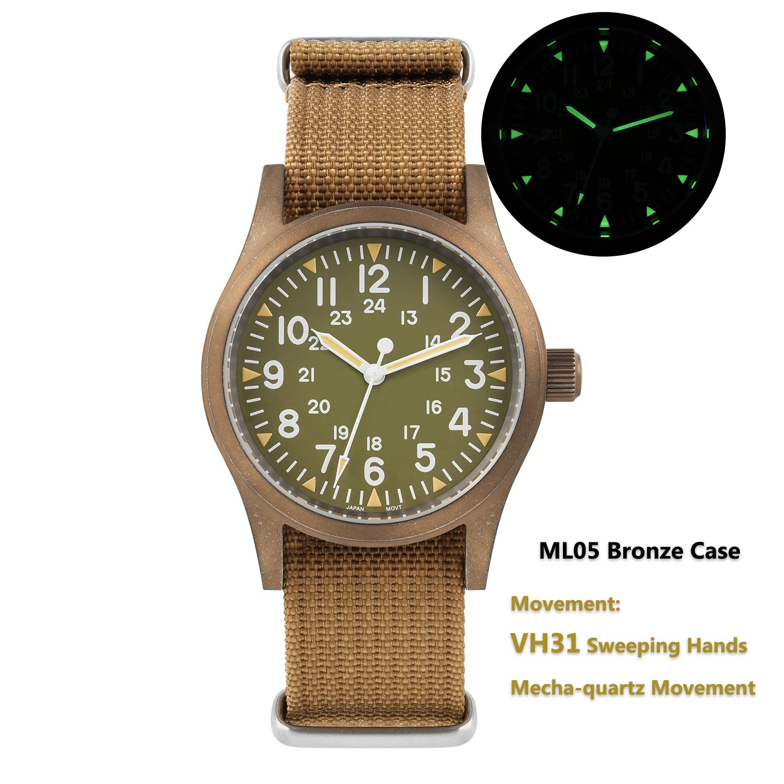Militado ML05 38mm VH31 Quartz Watch - Domed Sapphire Crystal Field Watch C3 Super Luminous Retro Sweep Wrist Watch for Men 100M Waterproof