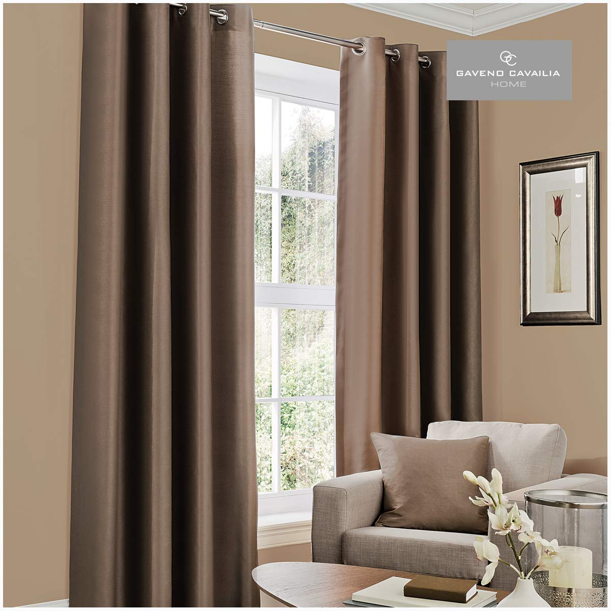 GC GAVENO CAVAILIA Faux Silk (Eyelet) Curtains, Chocolate, 66"x54" (168x137 cm)
